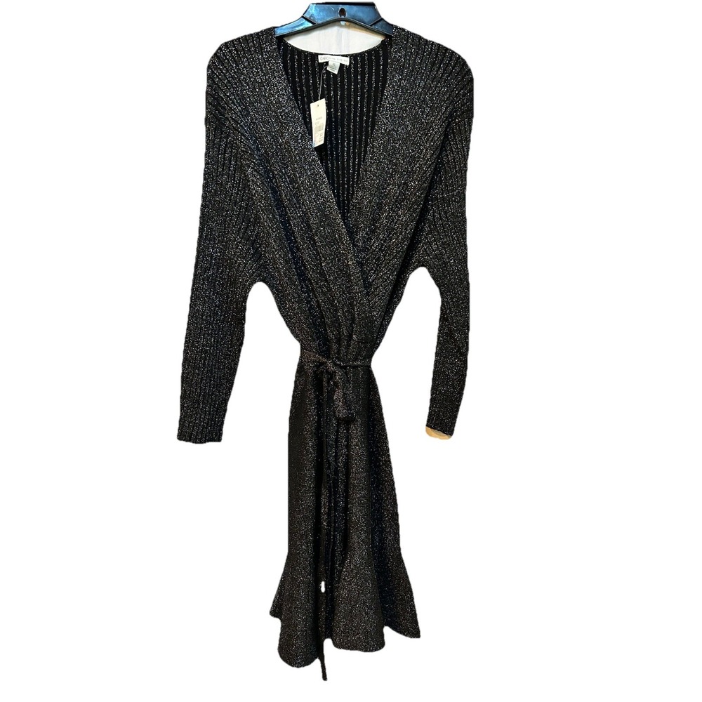 Cato Fashions Womens XL Black Sparkle Long Sleeve V-Neck Faux Wrap Dress NWT